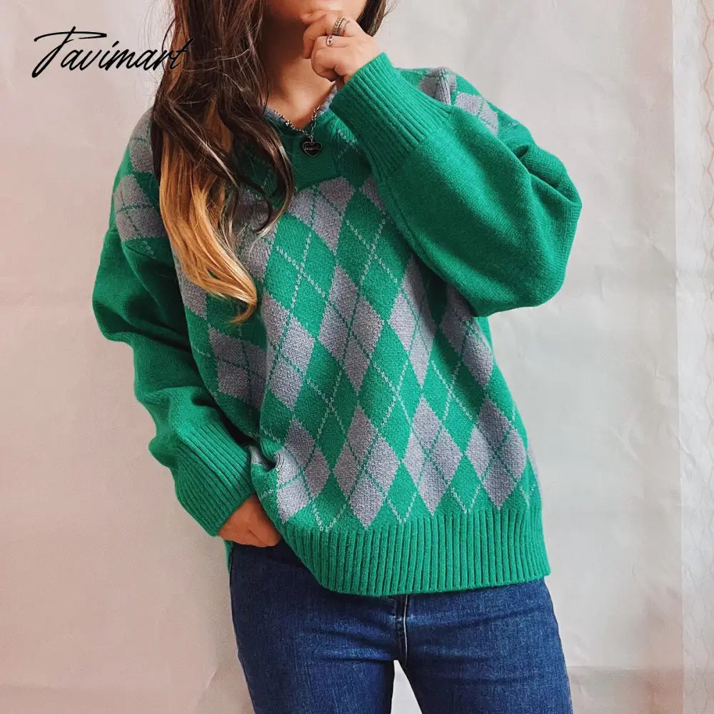 New Women Vintage Lattice Pullover Sweater Casual Lapel Long Sleeved Knit Top Autumn Winter Fashion Korean Style Sweater