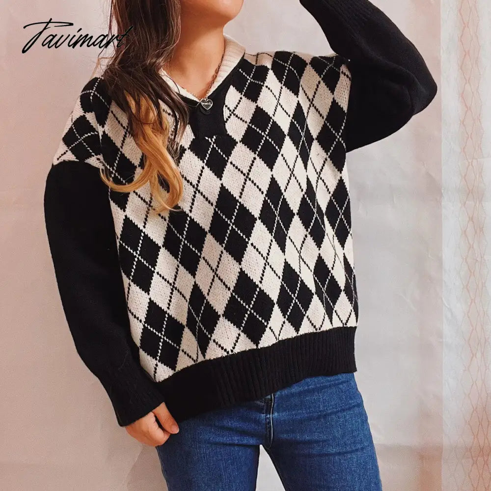 New Women Vintage Lattice Pullover Sweater Casual Lapel Long Sleeved Knit Top Autumn Winter Fashion Korean Style Sweater