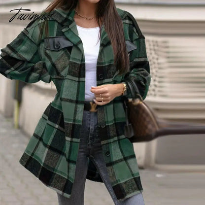 Newest Fall Button Cardigan Women Trench Coats Winter Lapel Pocket Windproof Coat Fashion Casual Color Block Loose Plaid Jackets
