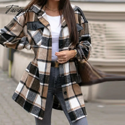 Newest Fall Button Cardigan Women Trench Coats Winter Lapel Pocket Windproof Coat Fashion Casual Color Block Loose Plaid Jackets