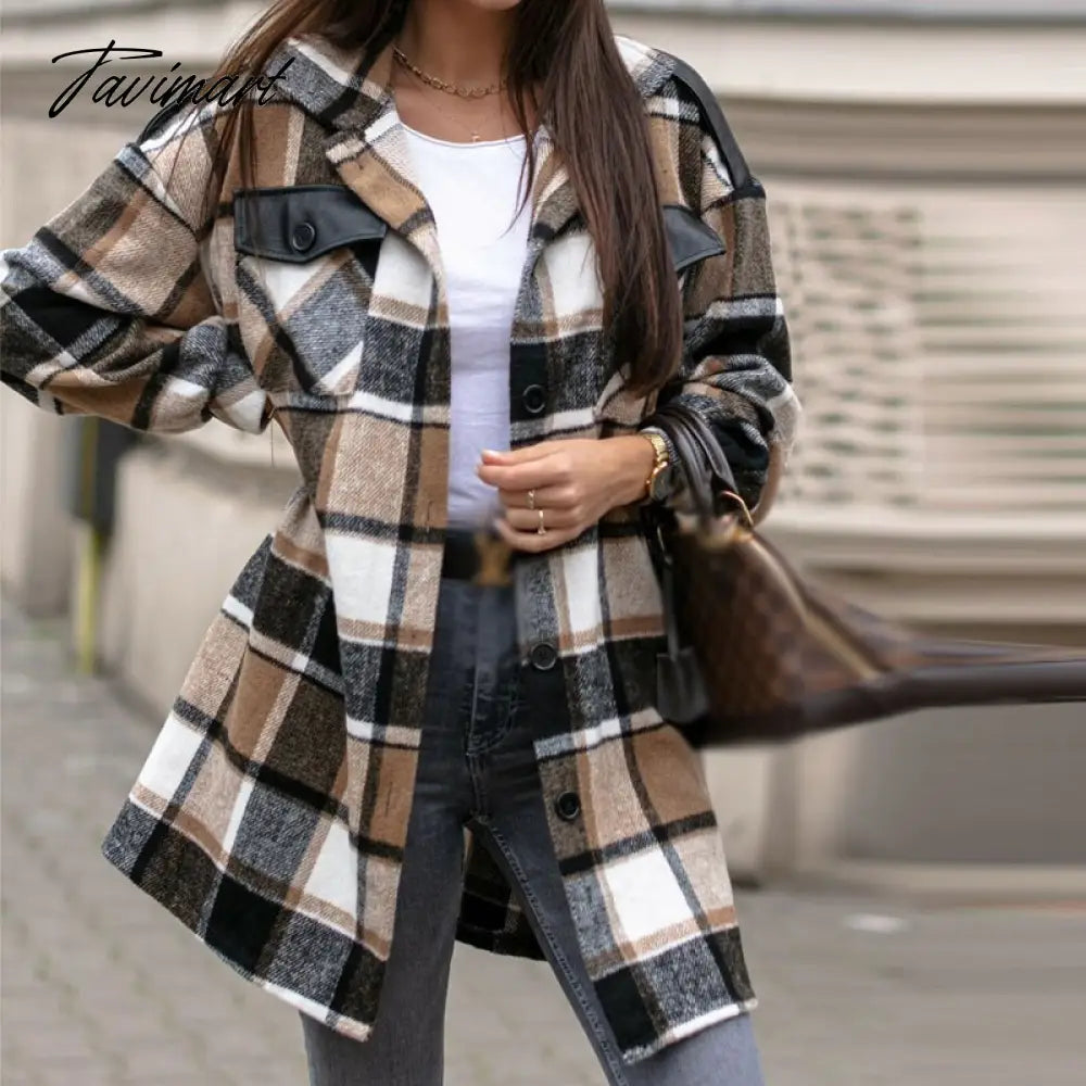 Newest Fall Button Cardigan Women Trench Coats Winter Lapel Pocket Windproof Coat Fashion Casual Color Block Loose Plaid Jackets