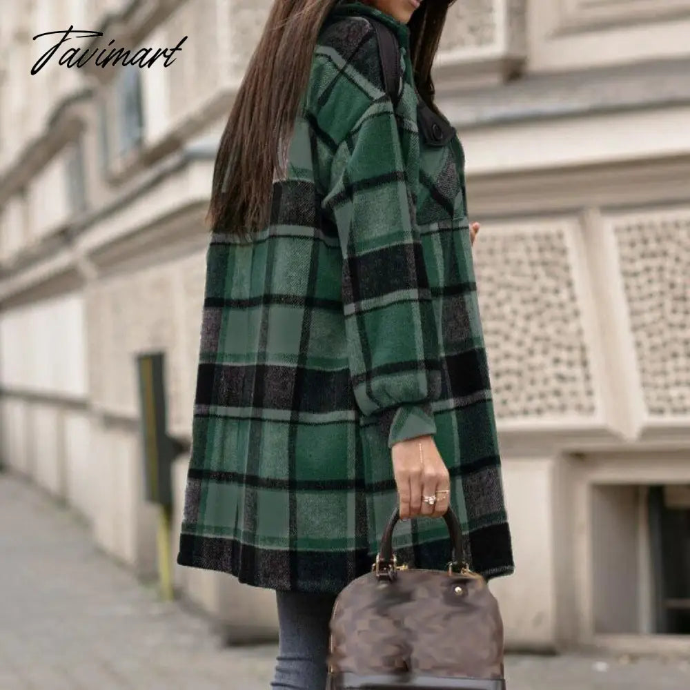 Newest Fall Button Cardigan Women Trench Coats Winter Lapel Pocket Windproof Coat Fashion Casual Color Block Loose Plaid Jackets