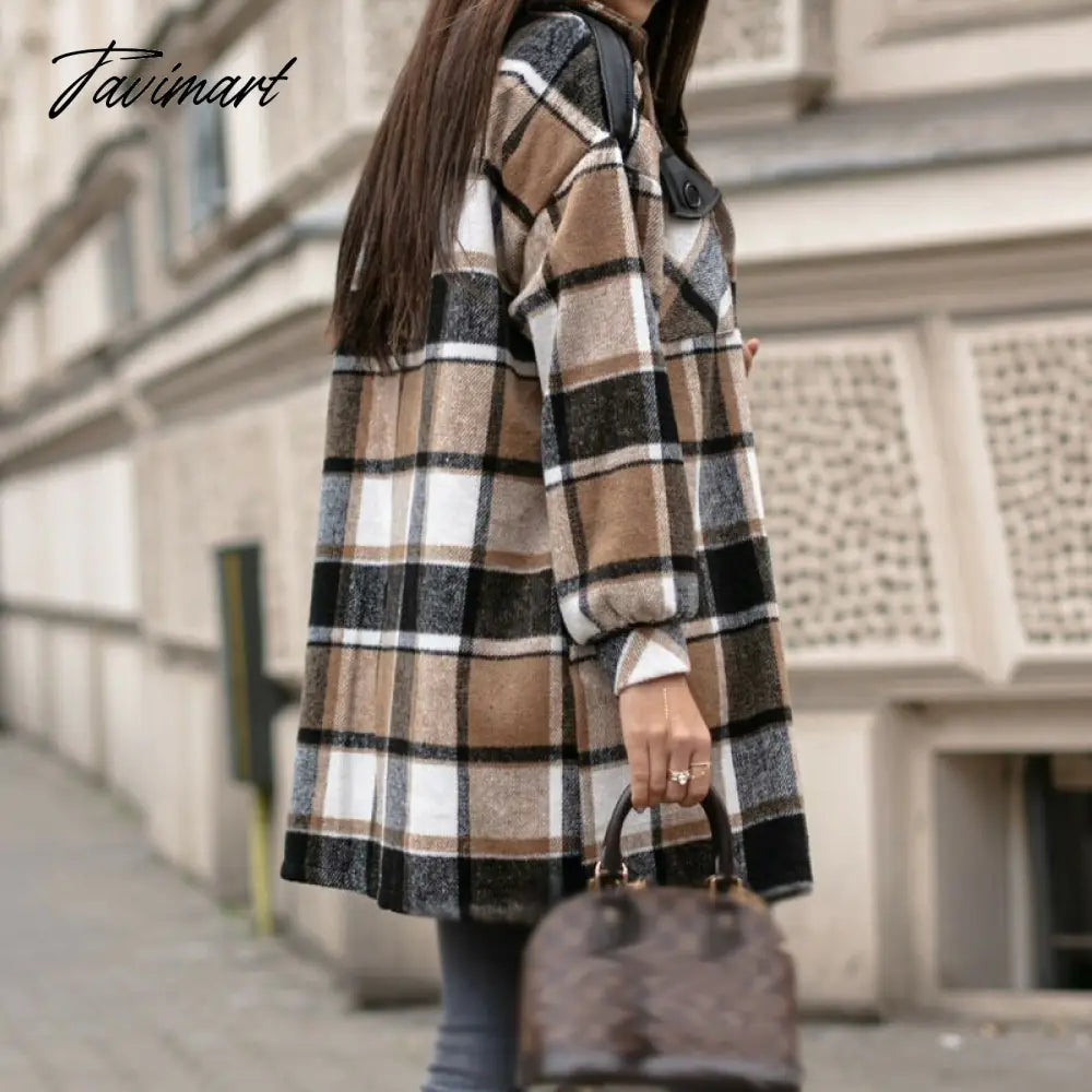 Newest Fall Button Cardigan Women Trench Coats Winter Lapel Pocket Windproof Coat Fashion Casual Color Block Loose Plaid Jackets