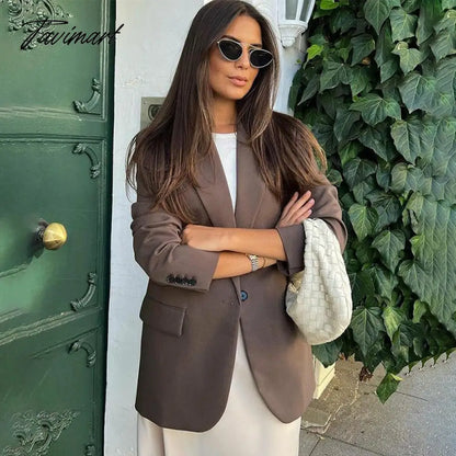 Notch Collar One Piece Of Buckle Blazer Neutral Minimalism Long Sleeve Top Vintage Office Ladies Winter Jacket Women Outerwear