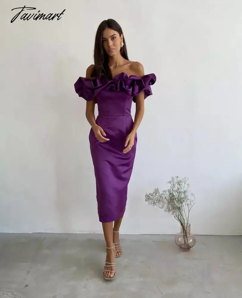 Off Shoulder Sheath Cocktail Dresses Ruffles Satin Mini Evening Gowns Above Knee Formal Party Gowns