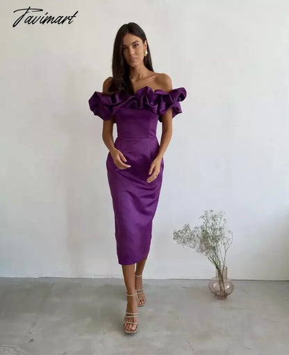 Off Shoulder Sheath Cocktail Dresses Ruffles Satin Mini Evening Gowns Above Knee Formal Party Gowns