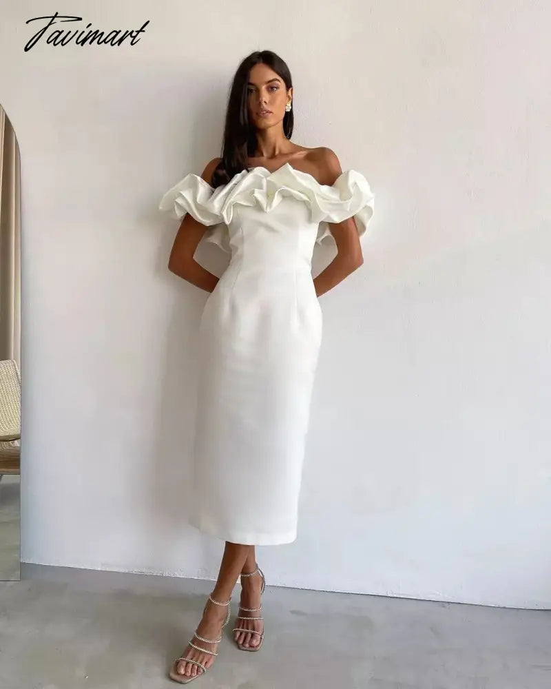 Off Shoulder Sheath Cocktail Dresses Ruffles Satin Mini Evening Gowns Above Knee Formal Party Gowns