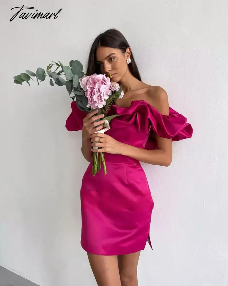 Off Shoulder Sheath Cocktail Dresses Ruffles Satin Mini Evening Gowns Above Knee Formal Party Gowns
