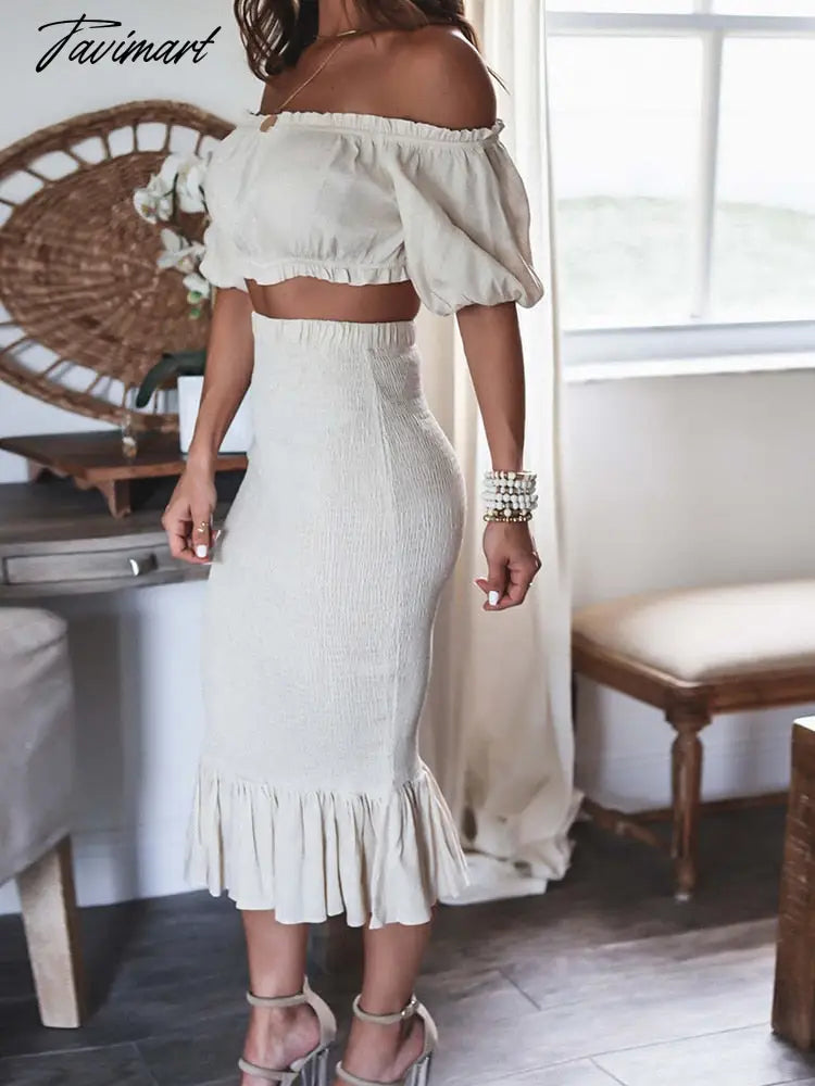 Off Shoulder Short Top Midi Skirt Elegant Suit Women Summer Solid Skirt Matching Set Casual Slim Long Skirt Two Piece Set Outfit