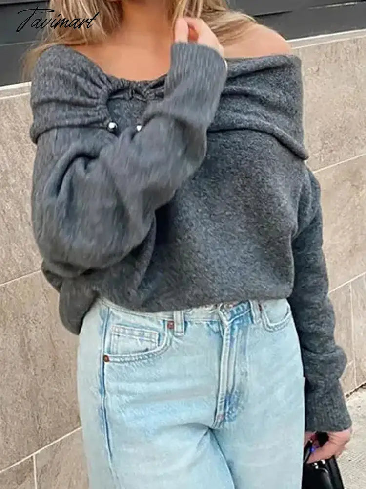Off Shoulder Sweater Women Vintage Knitted Pullovers Female Fashion Slash Neck Jumpers Lady Elegant High Street Pleated Sweaters
