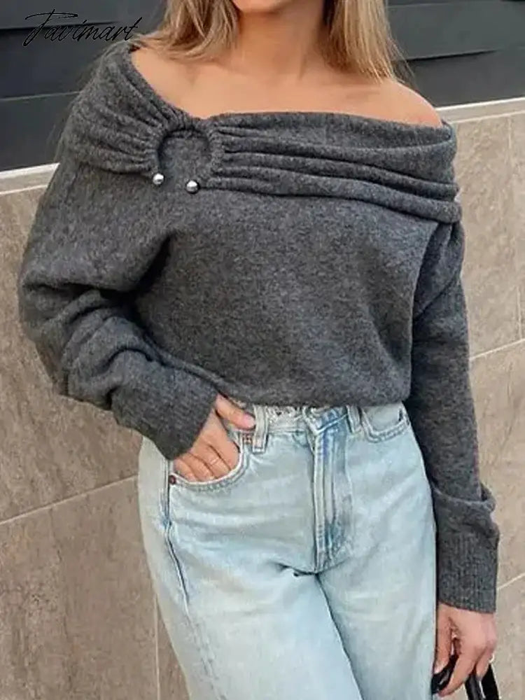 Off Shoulder Sweater Women Vintage Knitted Pullovers Female Fashion Slash Neck Jumpers Lady Elegant High Street Pleated Sweaters