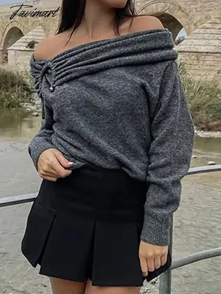 Off Shoulder Sweater Women Vintage Knitted Pullovers Female Fashion Slash Neck Jumpers Lady Elegant High Street Pleated Sweaters