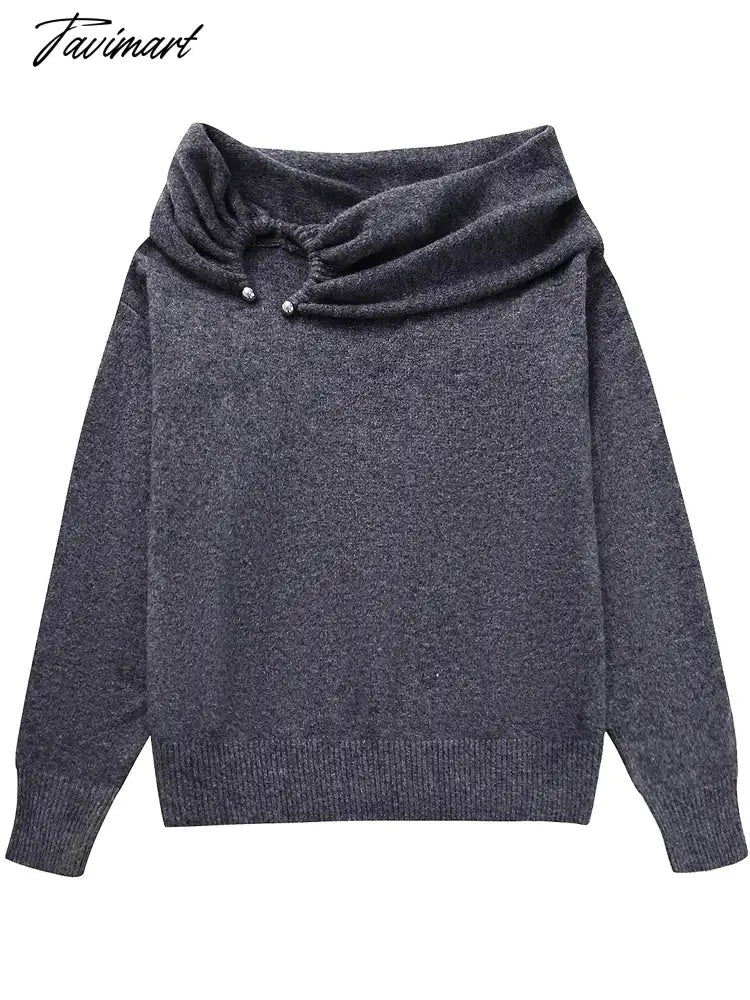 Off Shoulder Sweater Women Vintage Knitted Pullovers Female Fashion Slash Neck Jumpers Lady Elegant High Street Pleated Sweaters