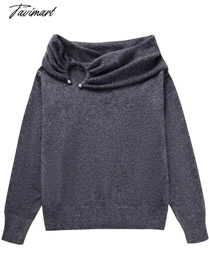 Off Shoulder Sweater Women Vintage Knitted Pullovers Female Fashion Slash Neck Jumpers Lady Elegant High Street Pleated Sweaters