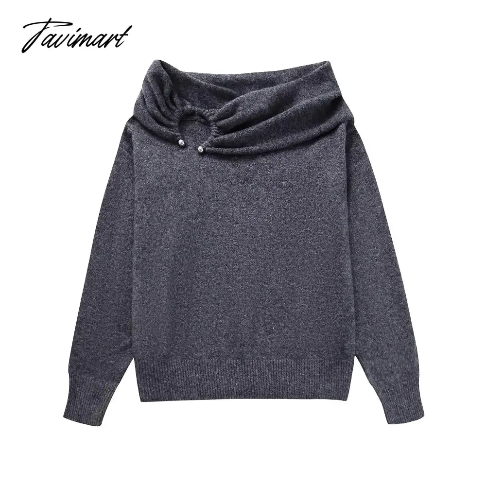 Off Shoulder Sweater Women Vintage Knitted Pullovers Female Fashion Slash Neck Jumpers Lady Elegant High Street Pleated Sweaters
