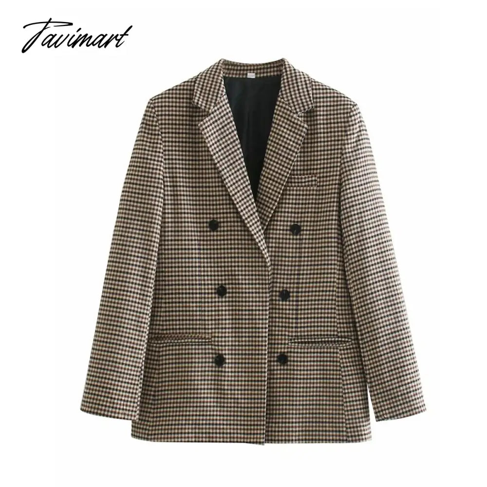 Office Ladies Khaki Plaid Tweed Vintage Double Breasted Pockets Oversized Female Coat Za Clothes Outerwear Tops