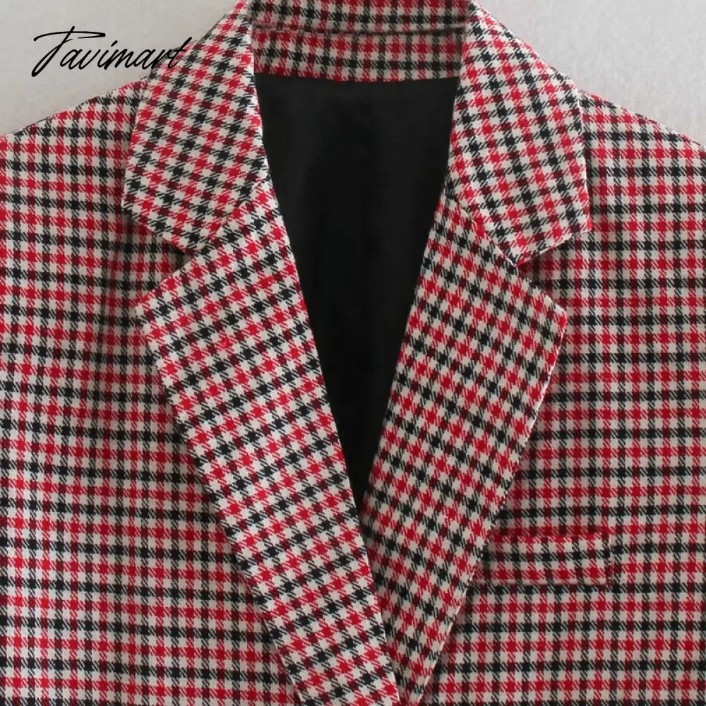 Office Ladies Khaki Plaid Tweed Vintage Double Breasted Pockets Oversized Female Coat Za Clothes Outerwear Tops