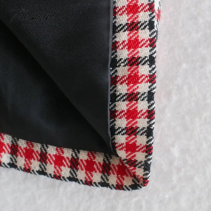 Office Ladies Khaki Plaid Tweed Vintage Double Breasted Pockets Oversized Female Coat Za Clothes Outerwear Tops