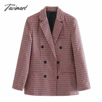 Office Ladies Khaki Plaid Tweed Vintage Double Breasted Pockets Oversized Female Coat Za Clothes Outerwear Tops