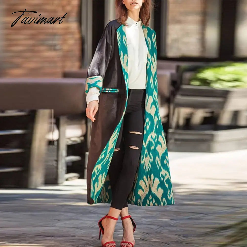 Office Lady Pocket Cardigan Loose Jacket Women Fashion Print Casual Lining Reversible Coat Vintage Elegant Long Draped Overcoats