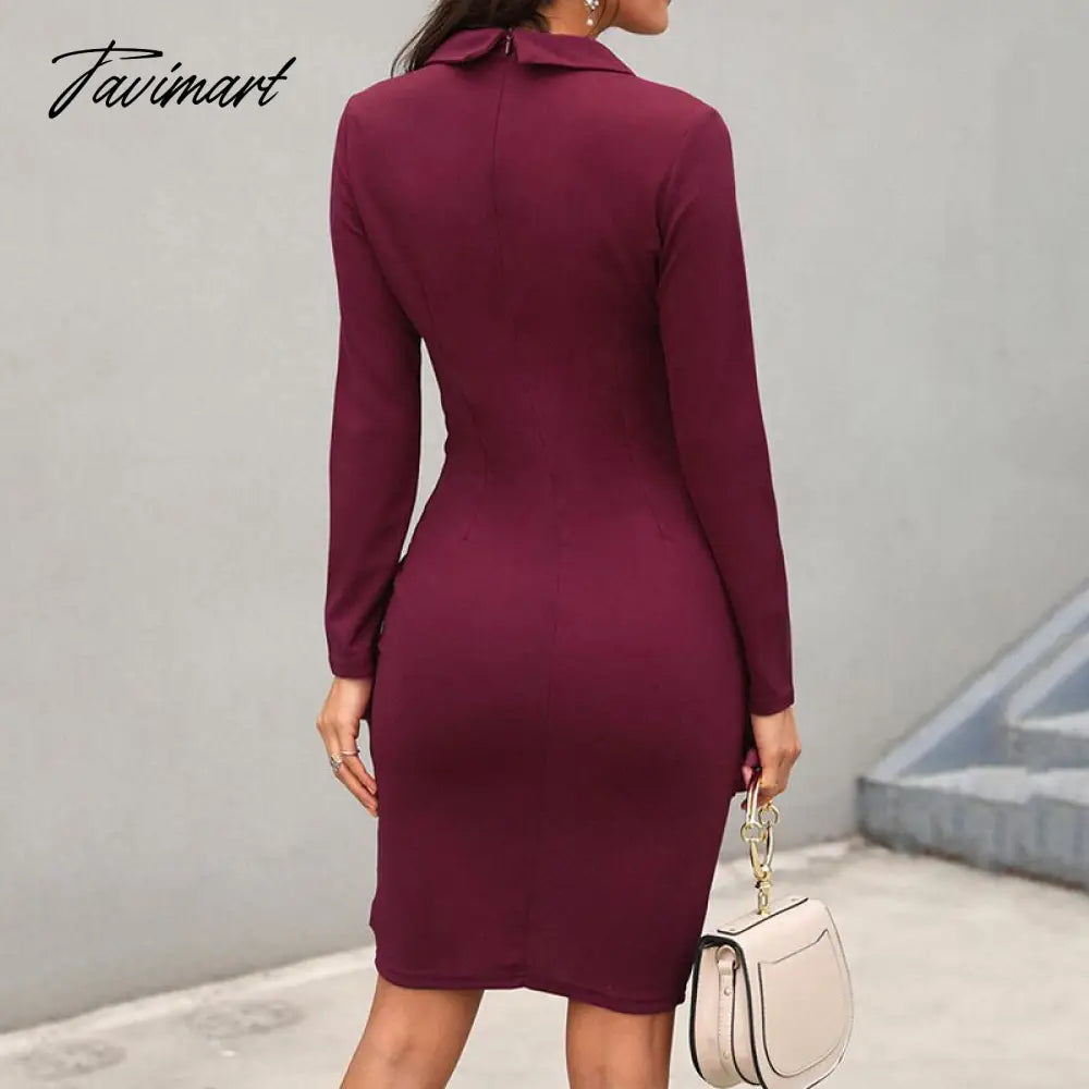 Office Lady Slim Fit New Elegant Formal Dress Women Patchwork Button V Neck Solid Dress Spring Autumn Long Sleeve Casual Dress