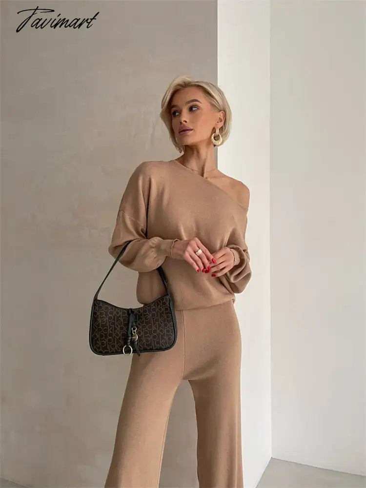One Shoulder Sexy Knit Two Piece Set Casual 2 Piece Tracksuit Women Knitted Pants Suit Pants and Top Set Matching Sets For Women