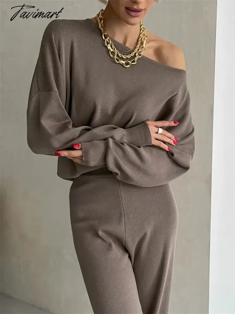 One Shoulder Sexy Knit Two Piece Set Casual 2 Piece Tracksuit Women Knitted Pants Suit Pants and Top Set Matching Sets For Women