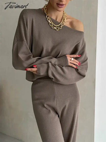 One Shoulder Sexy Knit Two Piece Set Casual 2 Piece Tracksuit Women Knitted Pants Suit Pants and Top Set Matching Sets For Women