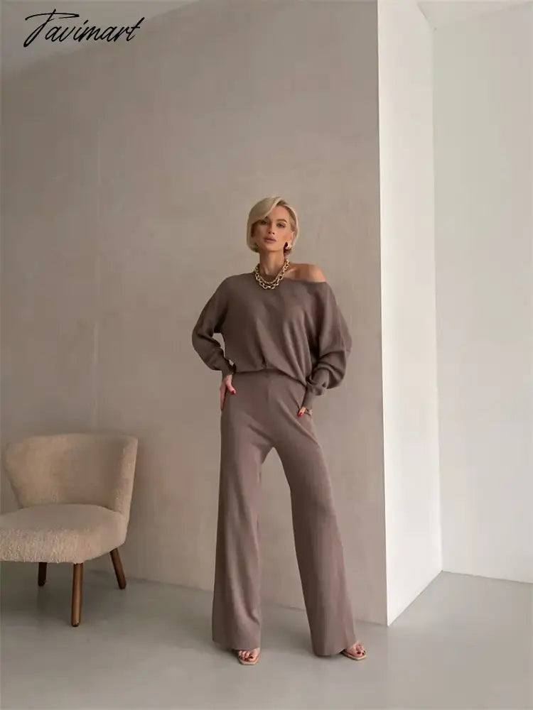 One Shoulder Sexy Knit Two Piece Set Casual 2 Piece Tracksuit Women Knitted Pants Suit Pants and Top Set Matching Sets For Women