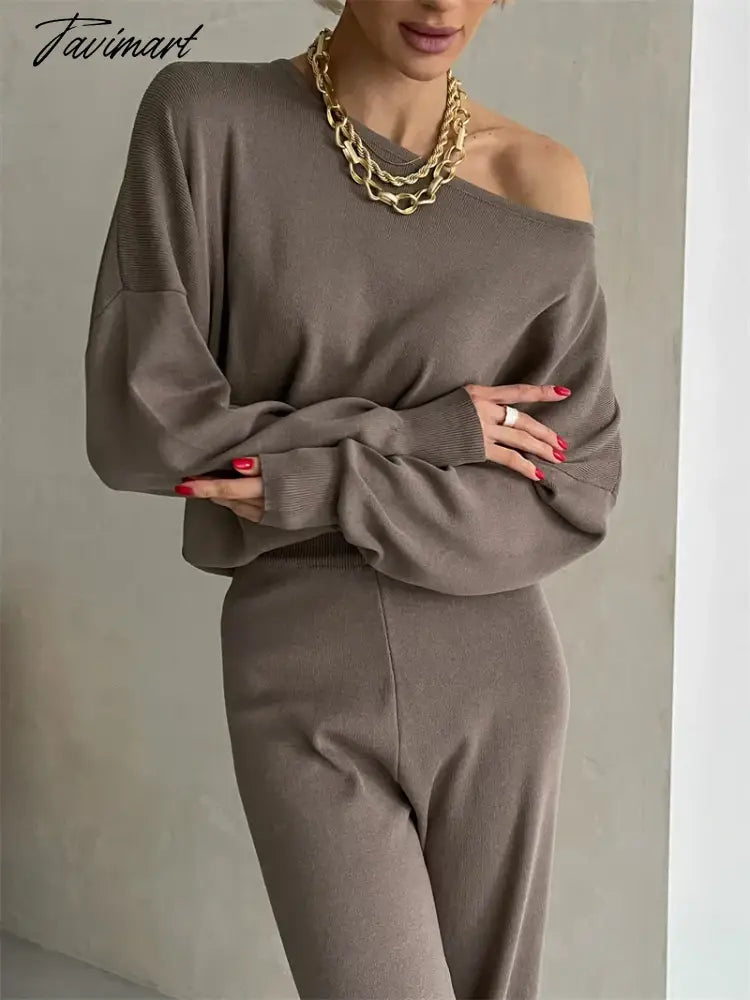One Shoulder Sexy Knit Two Piece Set Casual 2 Piece Tracksuit Women Knitted Pants Suit Pants and Top Set Matching Sets For Women
