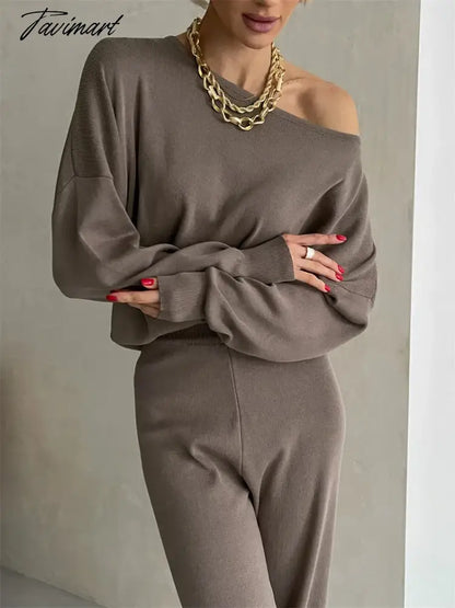 One Shoulder Sexy Knit Two Piece Set Casual 2 Piece Tracksuit Women Knitted Pants Suit Pants and Top Set Matching Sets For Women