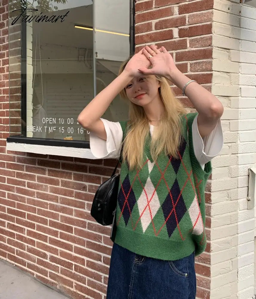 Oversize Sweater Vest For Women Argyle Print V-Neck Comfy Knit Tank e-Girl Y2K Aesthetic Clothes