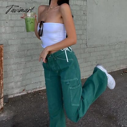 Pants women Green Vintage Baggy Jeans Women Pockets Wide Leg Cargo Pants Streetwear Casual Low Waist Denim Straight Trousers