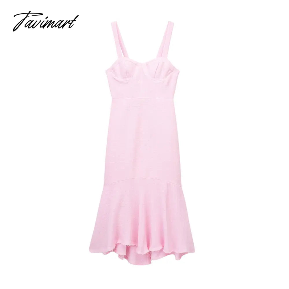 Party Dresses Women Sweetheart Neck Strap Textured Tweed Dress Asymmetric Frayed Ruffle Hem Date Night Elegant Midi Dress