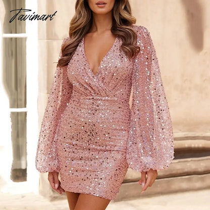 Party Sexy Deep V Neck Solid Sequins Dress Women Patchwork Hollow Out Mini Dress Femme Casual Long Puff Sleeve Slim Fit Dresses