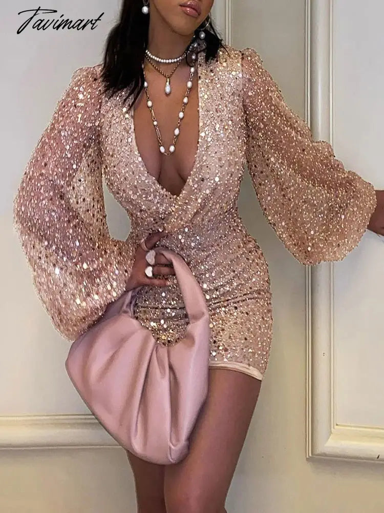 Party Sexy Deep V Neck Solid Sequins Dress Women Patchwork Hollow Out Mini Dress Femme Casual Long Puff Sleeve Slim Fit Dresses