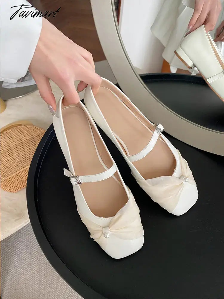 Pearl Mesh Flat Bottom Single Shoes Women's New Style Butterfly Sweet Square Head Shallow Mouth Ballet Shoes
