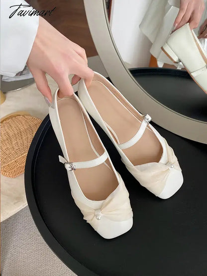 Pearl Mesh Flat Bottom Single Shoes Women's New Style Butterfly Sweet Square Head Shallow Mouth Ballet Shoes
