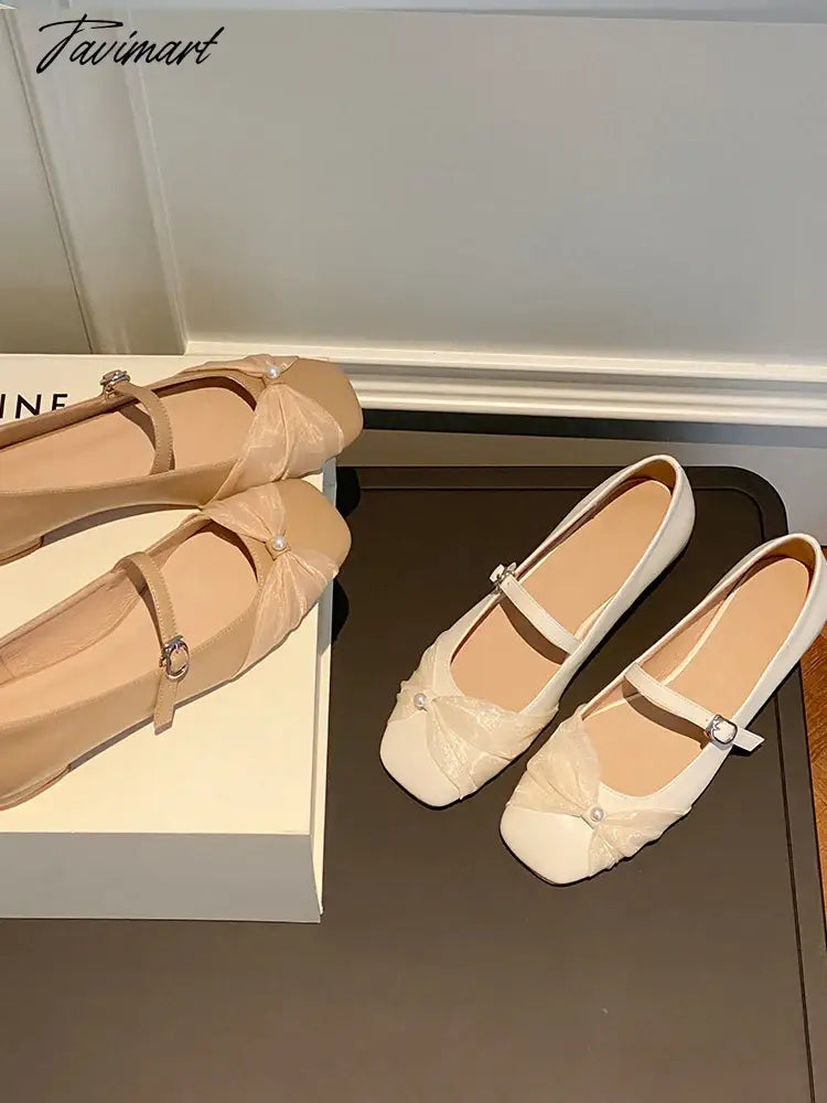 Pearl Mesh Flat Bottom Single Shoes Women's New Style Butterfly Sweet Square Head Shallow Mouth Ballet Shoes