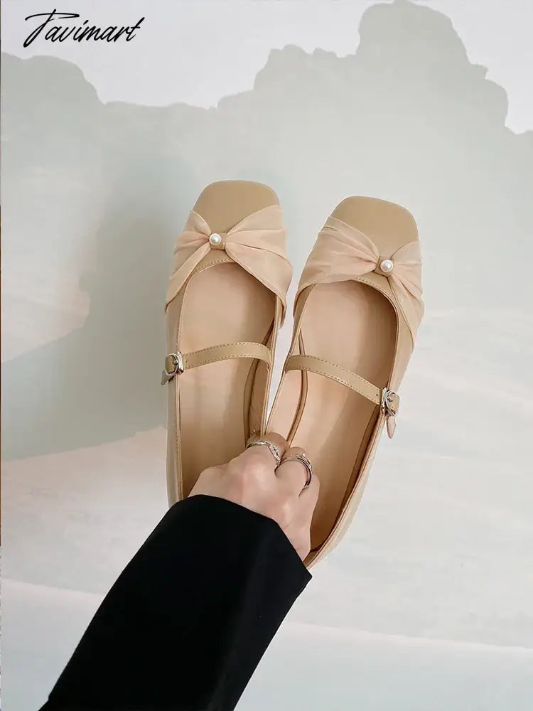 Pearl Mesh Flat Bottom Single Shoes Women's New Style Butterfly Sweet Square Head Shallow Mouth Ballet Shoes