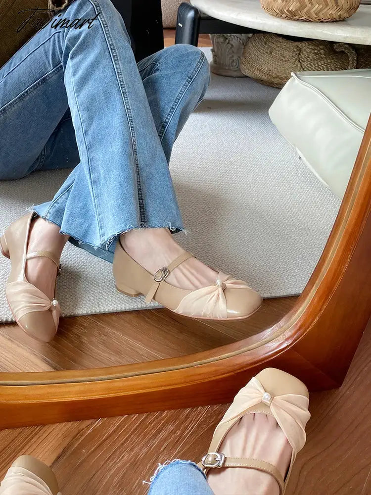 Pearl Mesh Flat Bottom Single Shoes Women's New Style Butterfly Sweet Square Head Shallow Mouth Ballet Shoes