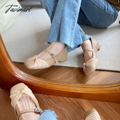 Pearl Mesh Flat Bottom Single Shoes Women's New Style Butterfly Sweet Square Head Shallow Mouth Ballet Shoes