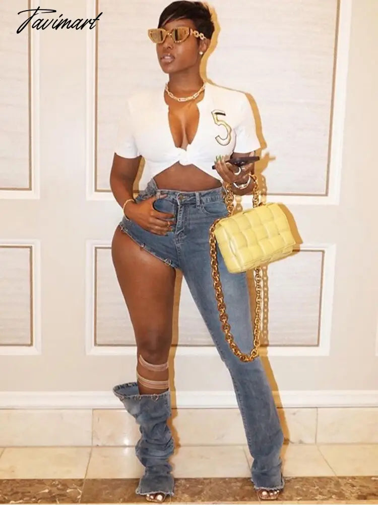 Personality Stacked Jeans For Women Stylish Half Shorts Half Long Detachable Flare Denim Jean