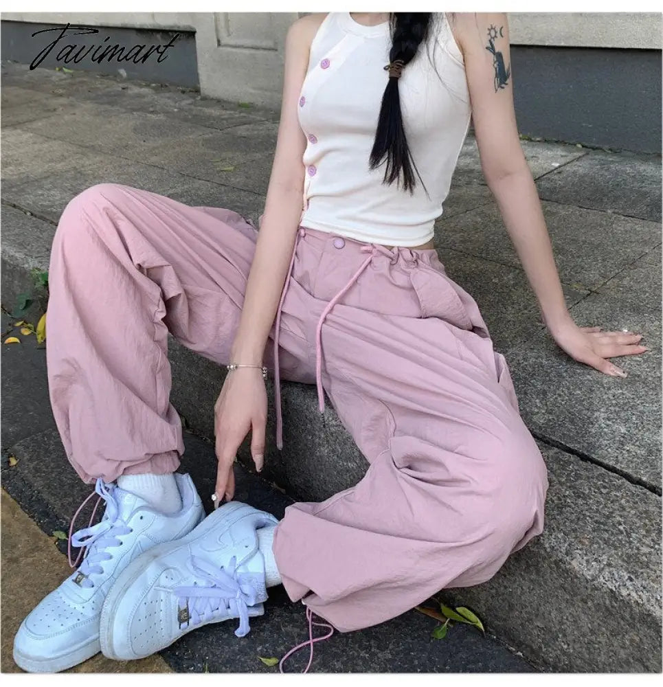 Pink Baggy Cargo Pants Y2K Low Rise with Big Pocket Relaxed Fit Combat Pants Women