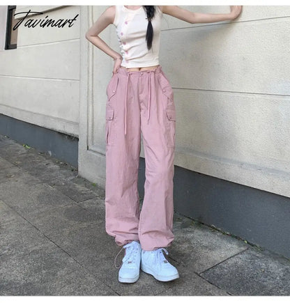 Pink Baggy Cargo Pants Y2K Low Rise with Big Pocket Relaxed Fit Combat Pants Women
