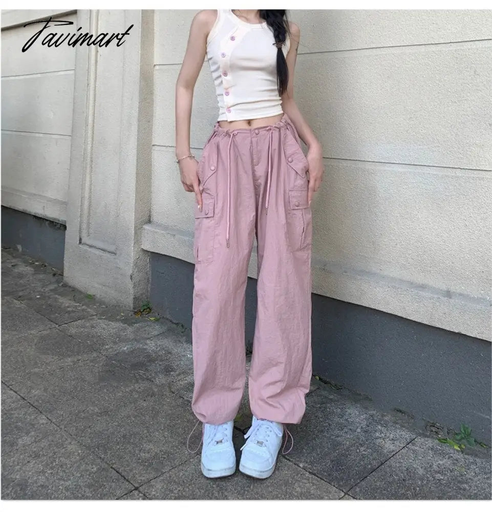 Pink Baggy Cargo Pants Y2K Low Rise with Big Pocket Relaxed Fit Combat Pants Women