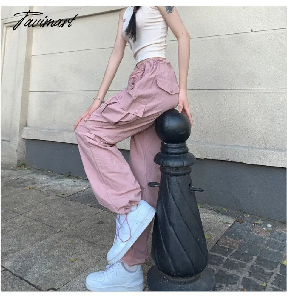 Pink Baggy Cargo Pants Y2K Low Rise with Big Pocket Relaxed Fit Combat Pants Women