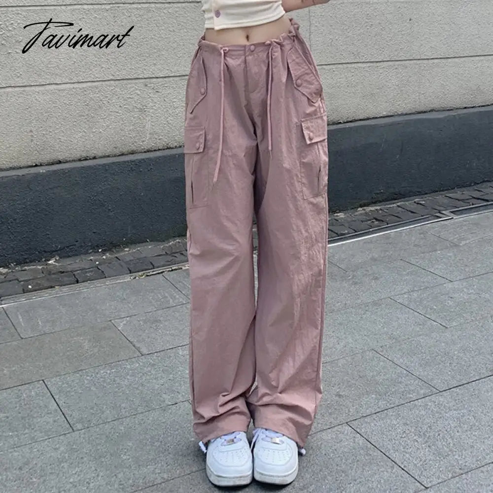 Pink Baggy Cargo Pants Y2K Low Rise with Big Pocket Relaxed Fit Combat Pants Women