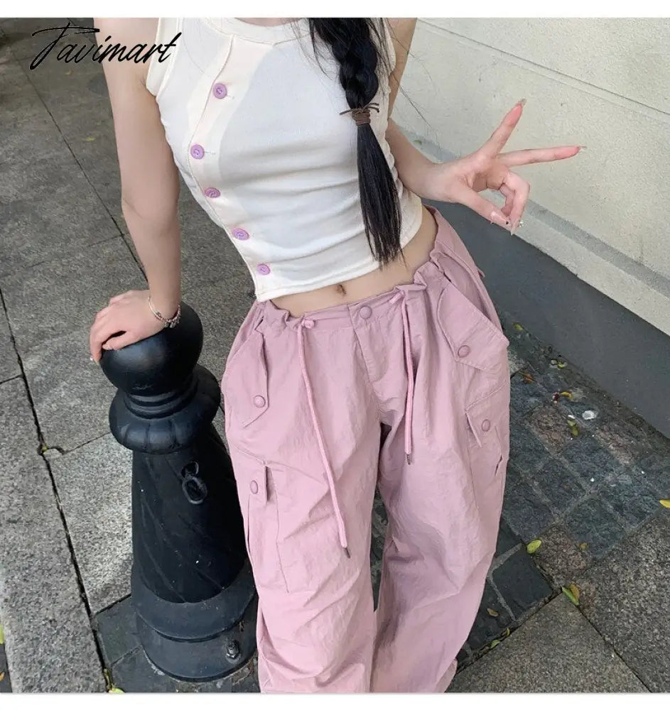 Pink Baggy Cargo Pants Y2K Low Rise with Big Pocket Relaxed Fit Combat Pants Women