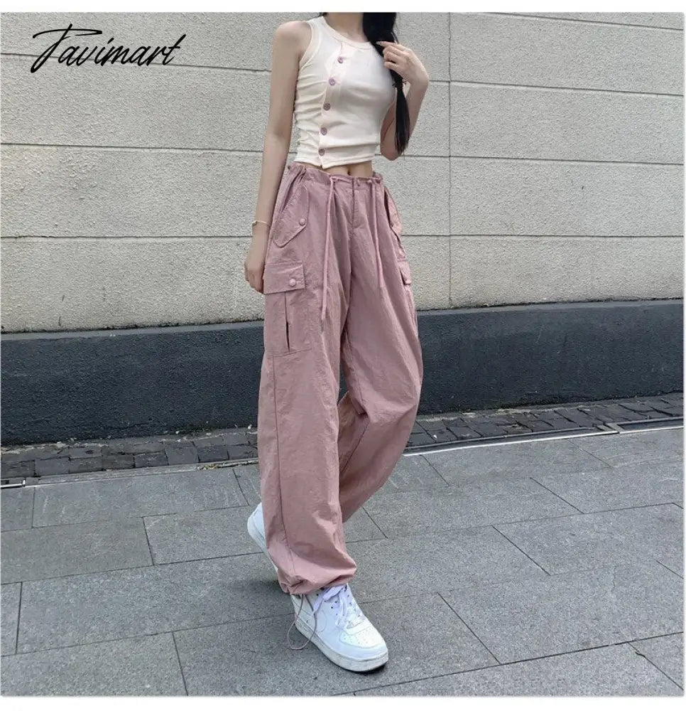 Pink Baggy Cargo Pants Y2K Low Rise with Big Pocket Relaxed Fit Combat Pants Women